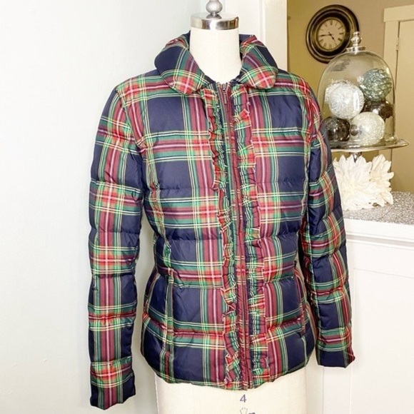Talbots Plaid Tartan Ruffled Down Puffer Jacket Winter Coat Red Blue Green XS - Picture 5 of 14
